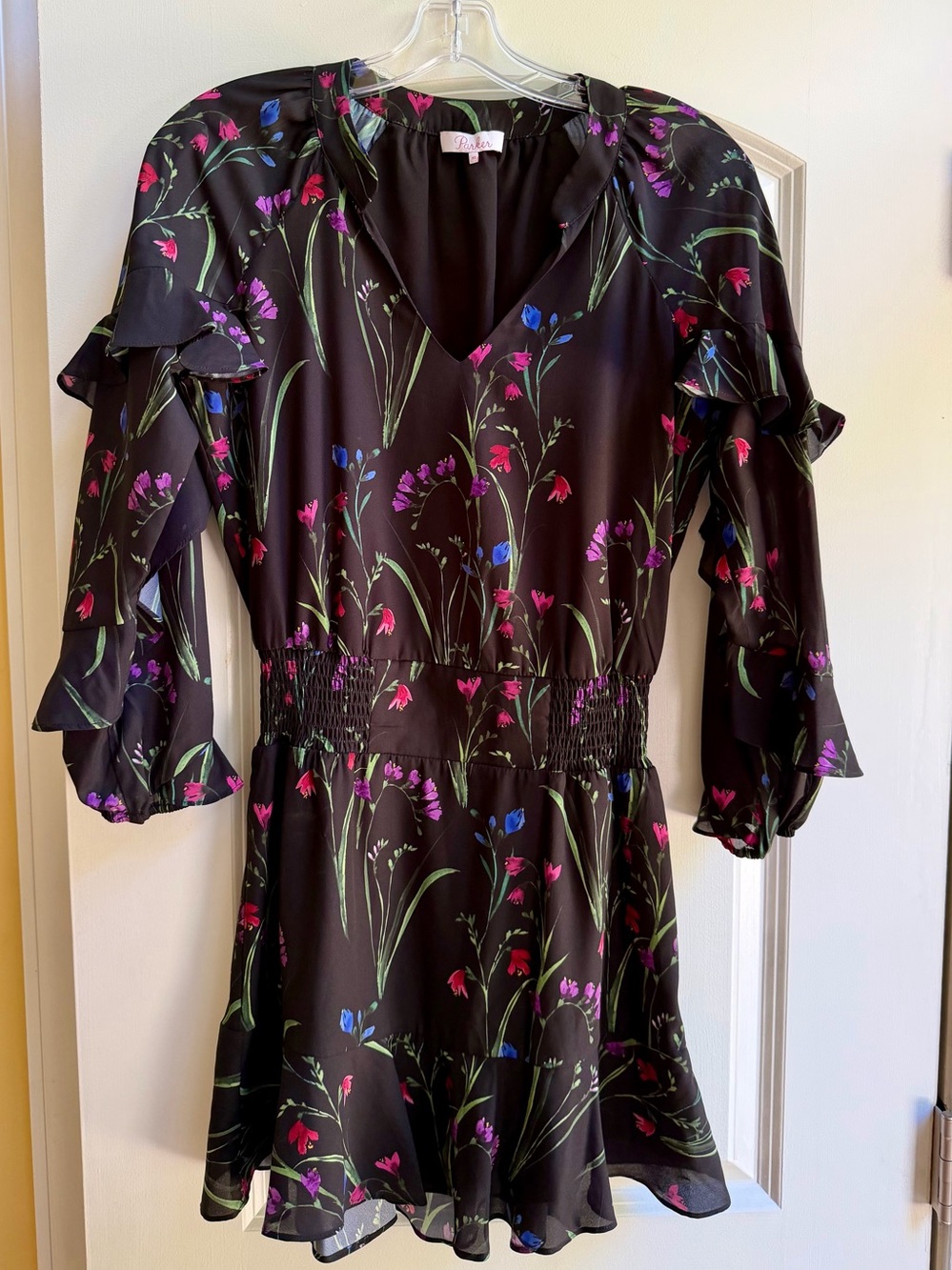 Parker Black Floral V‑Neck Long Sleeve Mini Dress, Size XS
